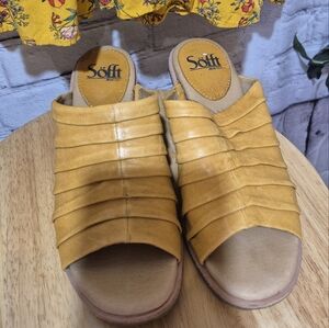 Söfft Leather Heeled Slide‎ Sandals Mustard Yellow Ruched Open Toe Mules 7.5
